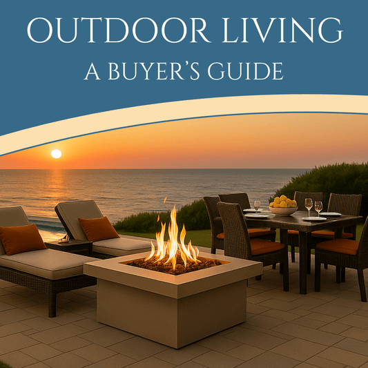 Lounge chairs, a fire pit, and table by ocean with outdoor dining set - luxury outdoor furniture - outdoor living essentials
