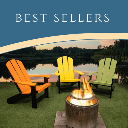 Best-selling outdoor furniture-three patio chairs around fire pit on lawn with lake view - popular outdoor living collection